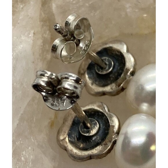 Vintage White Button Pearl & Marcasite Drop Earrings Sterling 925 Silver 1.9g - Picture 5 of 6